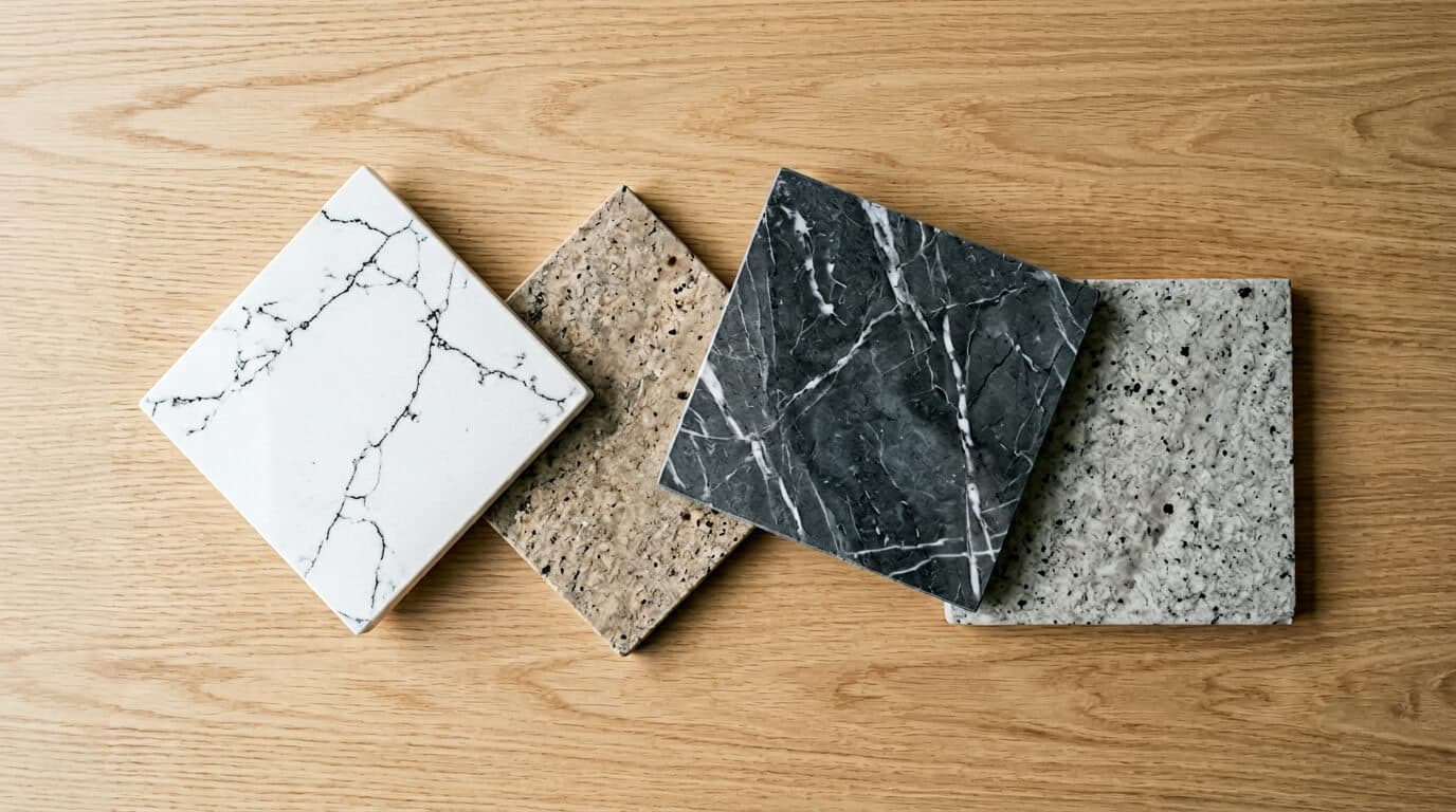 Worktop material samples on a kitchen counter